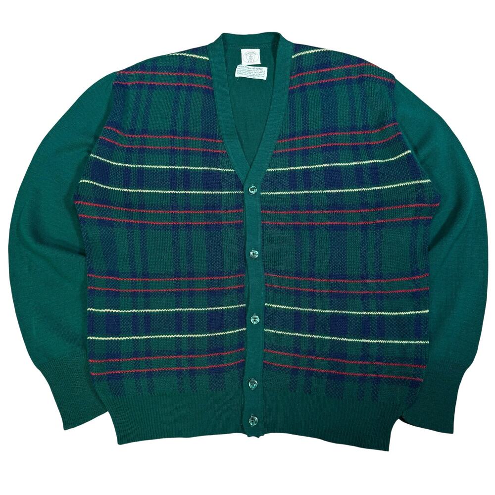 Vintage 1970s Trumpeter Green Plaid Cardigan Sweater Orlon Acrylic